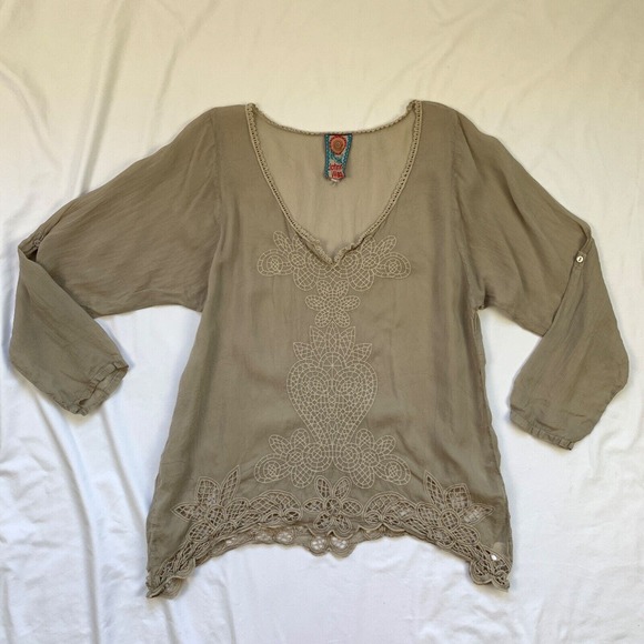 Johnny Was Embroidered Georgette Top Roll Tab Long Sleeve Small Grey Cupra Lace - Picture 6 of 13